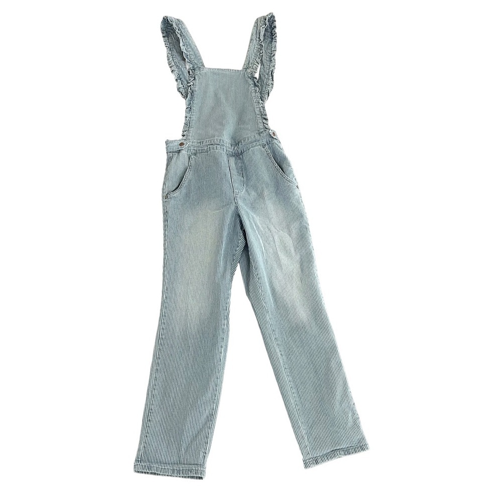 Cream Women’s Faded Blue Denim Pinstripe Overalls with Ruffled Straps Size XS